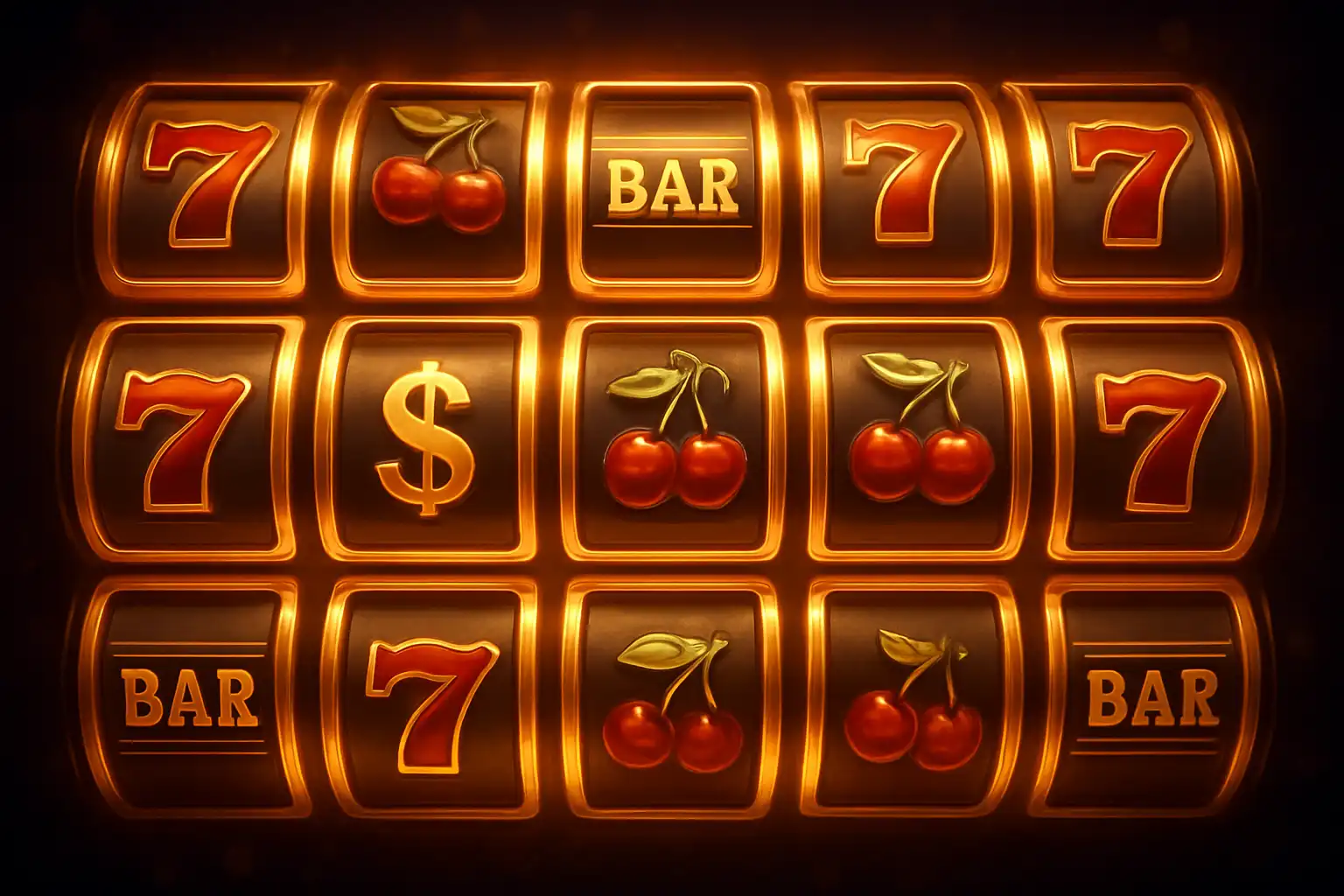 Sammlung leuchtender Slot-Walzen als Symbol für die Westio Casino Spielebibliothek